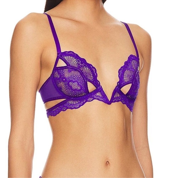 New Thistle and Spire Kane Cutout V Wire Bra Top Lace Sheer Purple 32C - Picture 3 of 9